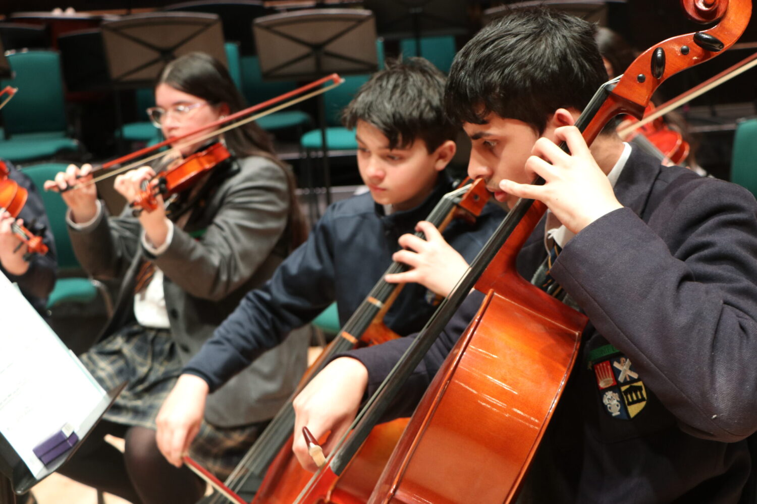 JUNIOR AND SENIOR STRINGS . Junior pupils string orchestra playing Cello and Violin, while reading music notes.