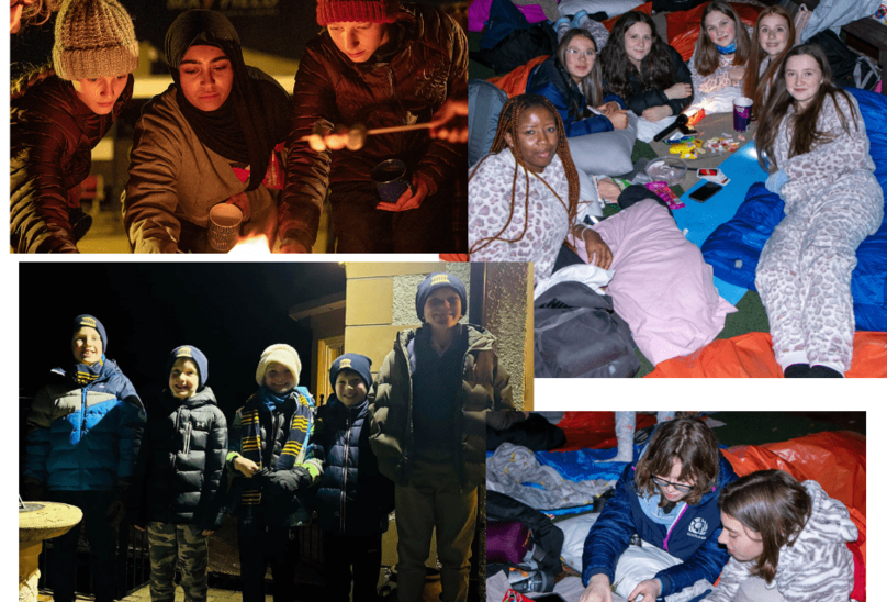 School Raises Over £7k For Homelessness Charity. Collage photos of Pupils roasting marshmallows over a fire, standing in line outside in coats scarfs and hats. Pupils camping in sleeping bags with snacks and card games.