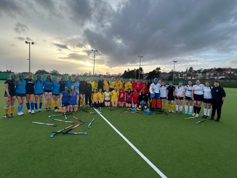 House hockey teams lined up on astro at Dalnacraig